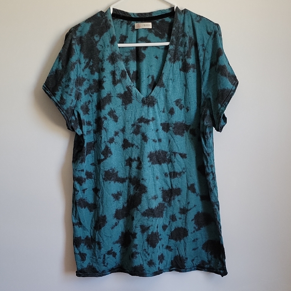 Teal and Black Tie-Dye V-Neck Women's Top